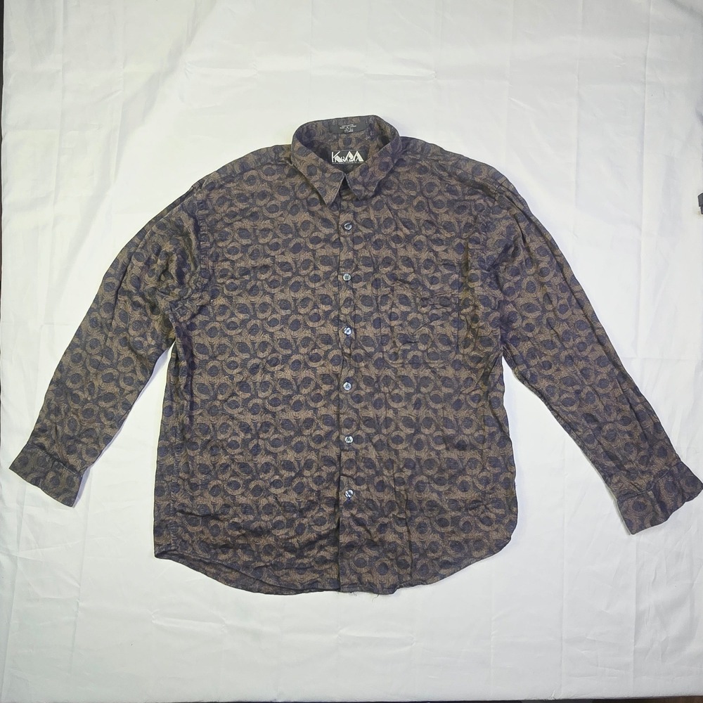 Krizia Mens Geometric Print Button Down Shirt Size XL Brown Navy Long Sleeve V17